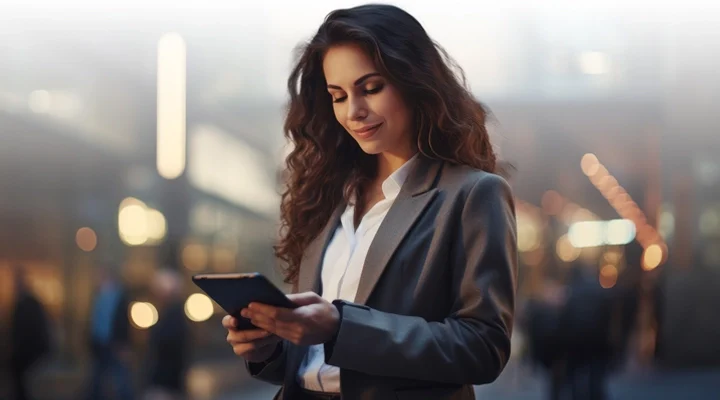 SynXis Insights - Woman smiles at tablet - Sabre hospitality