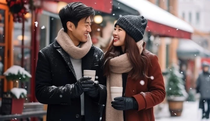 Boost your hotel's holiday revenue: 8 tips to increase sales this season. A man and woman enjoy a hot drink while smiling at each other in the snow