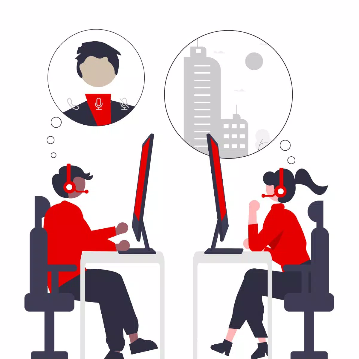 Increase Hotel Revenue - Sabre Hospitality - Illustration of a call center with two people taking calls.